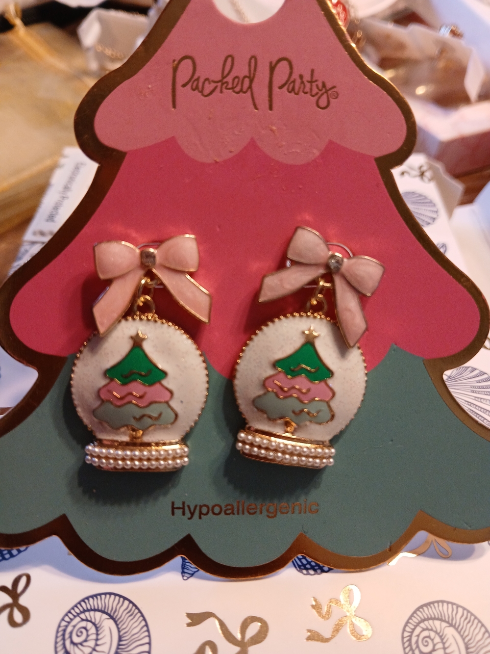 Packed Party Pink Bow Christmas Snow Globe Drop Earrings